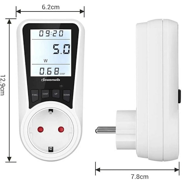 Digital Mätaruttag, 230V, 16A, 3680W, Överbelastningsskydd, Digital Display, Vit