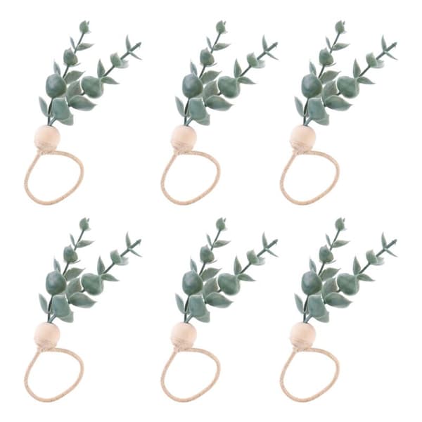 6 stk. Eucalyptus Servietringe Håndlavede Træperler Kunstig Greenery Dekoration Servietholder til Bryllupper, Fester, Os.