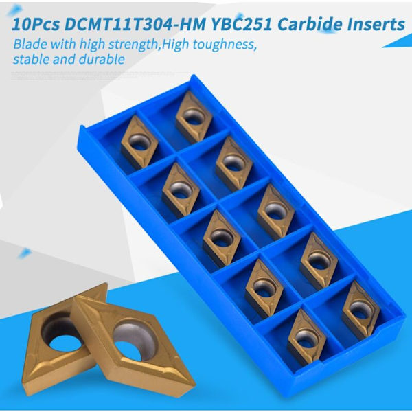 Æske med 10 stk. Rotationsindsatser Diamantform CNC Carbide Skær DCMT11T304-HM YBC251 Gevindskæring Drejeværktøj til Stålfinish til Drejebænke, Fræsning