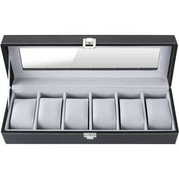 Kellolaatikko, korurasia 30 x 11 x 8 cm, esittelylaatikko, kellokotelo, 6 tyynyä, yhden sanan lukko harmaa sametti sisustus 6-bittinen kellolaatikko
