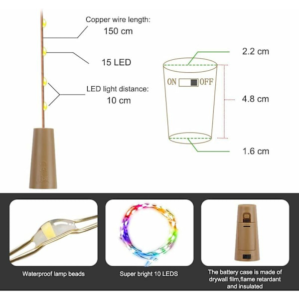 12 kpl LED-pullolamppua, kuparilanka-valoketjut paristoilla, viinipullon valot korkilla, DIY-joulujuhlan koristeluun