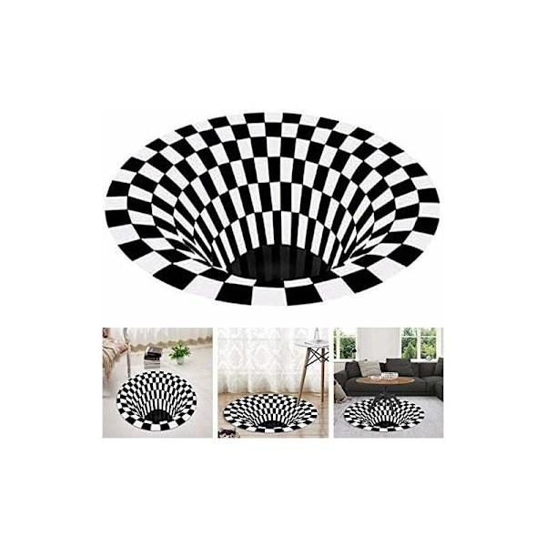 Pyöreä mustavalkoinen ruudullinen matto, 3D Vortex Illusion -matto, 3D Vortex -matto makuuhuoneeseen, olohuoneeseen, 3D-alueen matto, lattiamatto, Vortex Illusion -matto, geometrinen optinen matto-