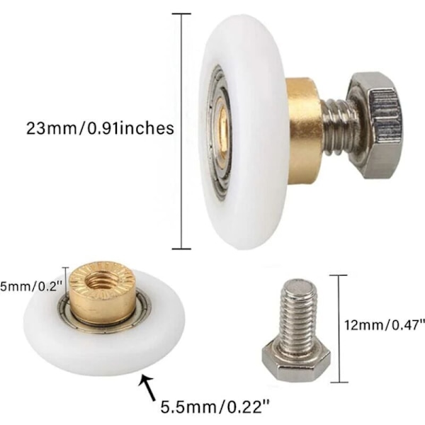 4 stk. brusehjul, hjul til brusedør, hjul til brusedør med riller, diameter 23 mm