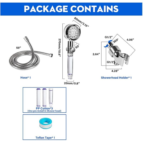 LED brusehoved med håndbruser, Hydro Jet med slange, holder og 3 filtre, 3 temperaturstyret