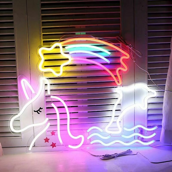 Neon enhjørning 32 cm - stikkontakt og av/på-bryter inkludert LED-neon for barneromdekorasjon - LED-enhjørning neonlampe på strømnettet med bryter