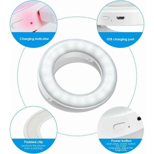 Selfie-lys, mobiltelefonlysring, selfie-lysring, USB-opladelig lysring med 3 justerbare lysstyrkeniveauer, lysring til fotografi