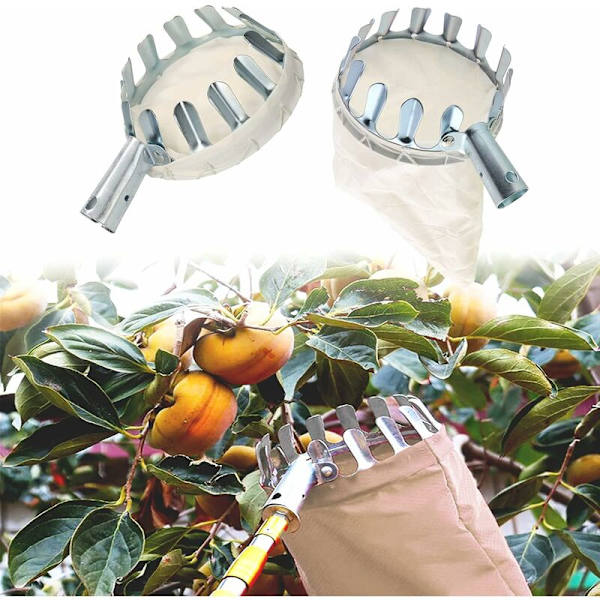 Fruktplockare, 1 Fruktsamlare, Metall Fruktplockare, Fruktplockare med Väska, Körsbärsplockare, Diameter 16 CM, för att Plocka Högt Växande Frukter (Silver)