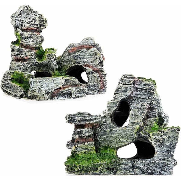 2 pcs Aquarium Ornament View of Rocky Cave Shape with Green Grass for Hide Shrimp and Fish Landscape Rock Hide Cave Tree Aquarium Decoration-