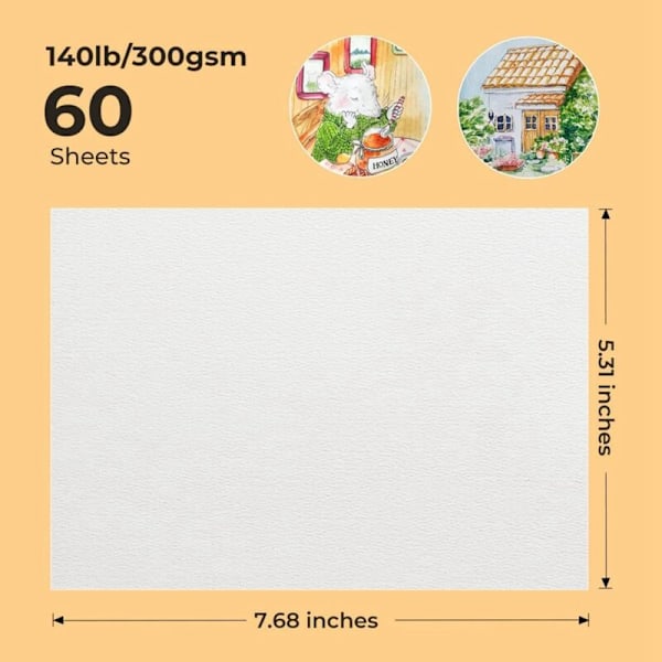 60 ark akvarellpapper, kallpressat 50 % bomull 140lb/300gsm syrafritt vitt papper i bulk (7,68 x 5,31 tum)