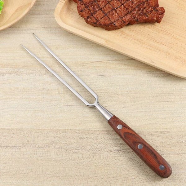 Lihahaarukka, suuri, ruostumaton teräs, puukahvalla, terän pituus: 15 cm, grilli paahdetulle lihalle, ruoanlaitto (punainen)