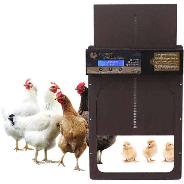 Automatisk Hönshusdörr med Timer, Tillverkad av Aluminiumlegering, IP45 Vattentät, LED-Skärm, Batteridriven, för Gård, Kaffe Brun