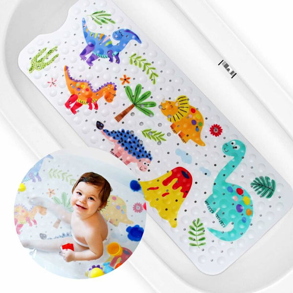 Skridsikker bademåtte til børn, lugtfri. Ekstra lang bademåtte 100 x 40 cm med børnevenlige motiver. (Dinosaur Paradise & 5 Dinosaurs)-DENUOTOP