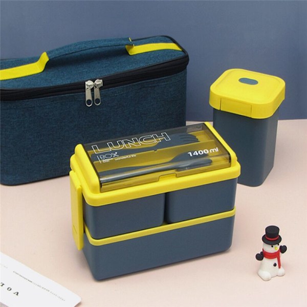 Mikrovågsugnssäker Lunchbox med Dubbla Lager 1400ML Matförvaringsbehållare Servis Set med Gaffel Sked Termisk Rosa