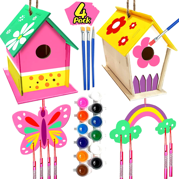 Hantverk för barn i åldrarna 4-8 - 4-pack DIY Bird House Wind Chime Kit - Bygg och måla Bird House Träkonstpaket Påskkorgfyllningspresent för åldrarna 3-5