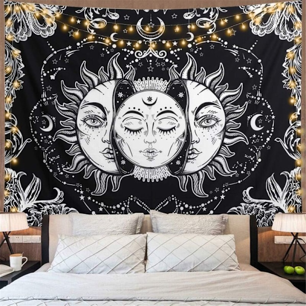 Psykedelisk Sol og Måne Gobelin Sort og Hvid Gobelin Soveværelse Studio Dekoration (Sort, 148 x 200 cm)