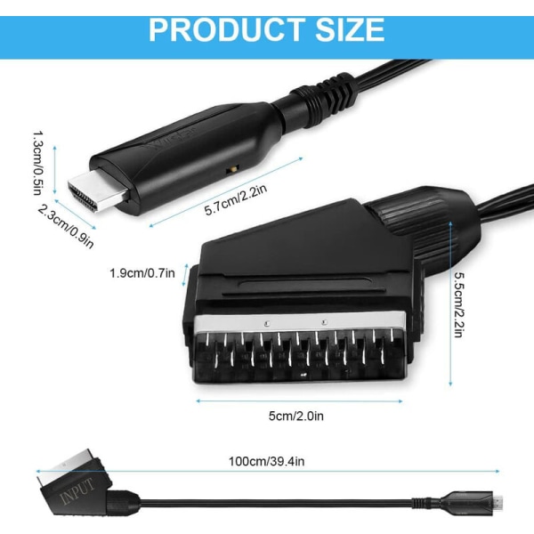 Scart till HDMI-adapter, Scart till HDMI-omvandlare med HDMI-kabel, Scart till HDMI-omvandlare, för Full HD TV 720P/1080P, Ljudvideo för Sky Blu-Ray DVD