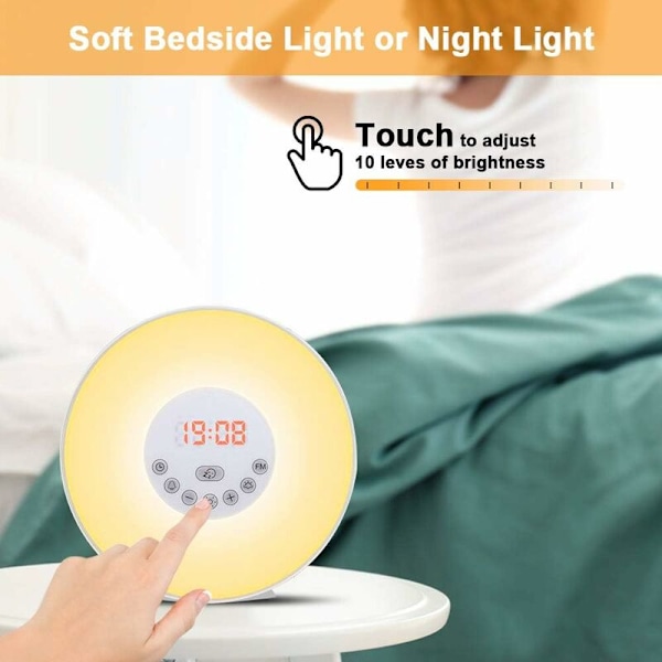 Radiovækkeur med lys LED Natlampe Berøringsstyring Solopgang og Solnedgang Simulation 10 Lysniveauer Snooze 6 Naturlige Lyde, 7 Farver Natlys