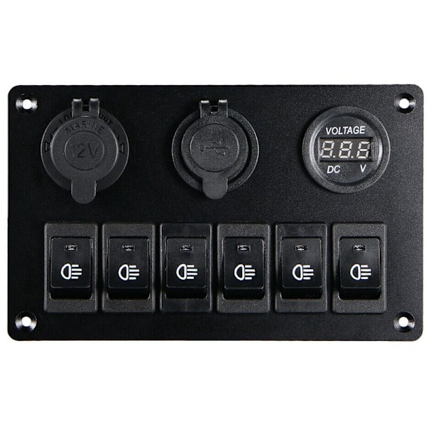 6-veis bryterpanel med 12V-24V LED digital voltmeter, dobbel USB-lader, pluss-kontakt for Rv Truck Boat Suv