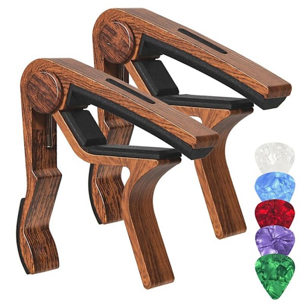 2 st Aluminiumlegering Elektrisk Gitarr Capo Träkorn Capo + 5 st Gitarrplock (Med Spår)