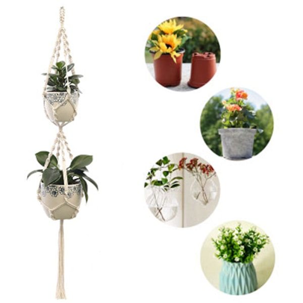 2 st Macrame Växtupphängningar, Inomhus Utomhus Hängande Planterkorg, Bomullsrep, Handgjord Blomkruka Nätväska