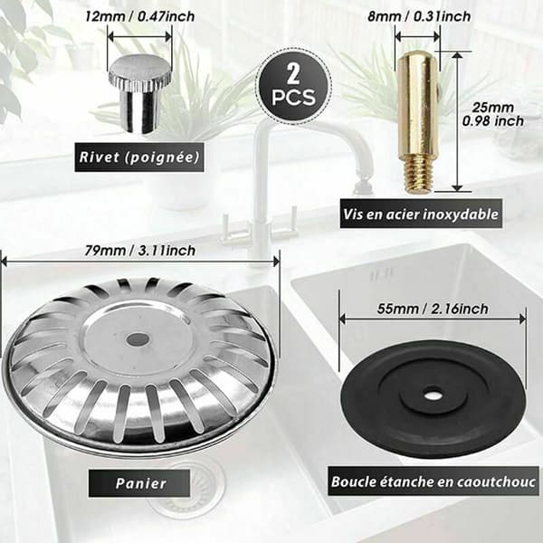 2 køkkenvaskfiltre 79mm Universal rustfrit stål vaskpropper (sæt med 2)，Fonepro, Sunny