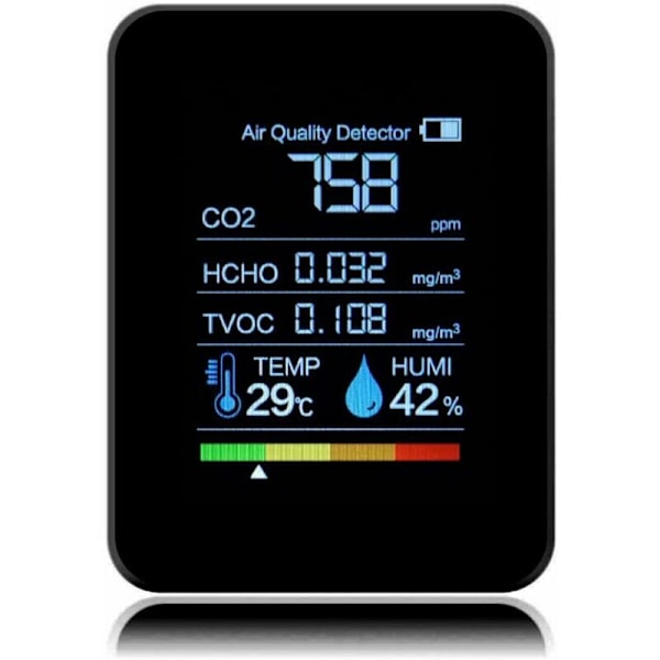 Hiilidioksididetektori 5 in 1 Sisäilmanlaadunilmaisin CO2 Digitaalinen mittari TVOC HCHO Lämpötila Kosteusmonitori Taustavalo Testaaja (Musta)