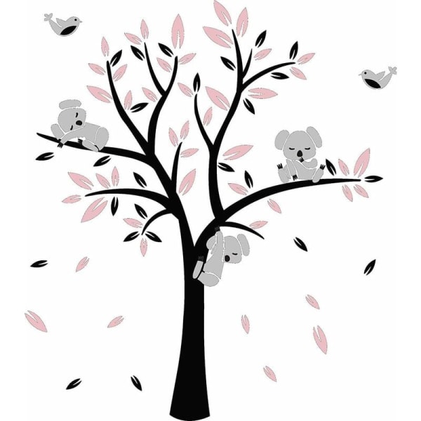 Koala Tree Kids Trees in nursery wall stickers for baby cute birds koalas wall art Baby Room Decor (Black,Pink)-