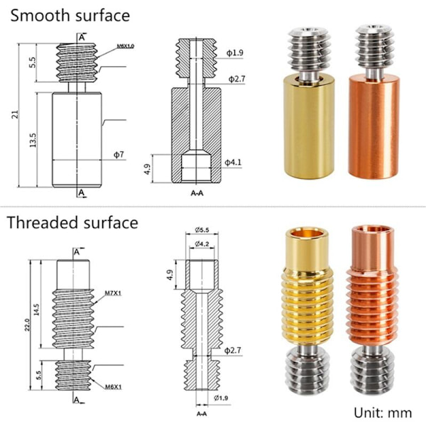 3 stk. Højtemperatur M6 Gevindhals Sæt, til 1.75mm Forbrugsvarer, V5/V6, Prusa I3 MK3S (Forgyldt, Gevind)