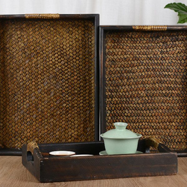 3 st Retro Rattan Träserveringsbricka för Middag, Snacks, Dessert, Mat, Frukt