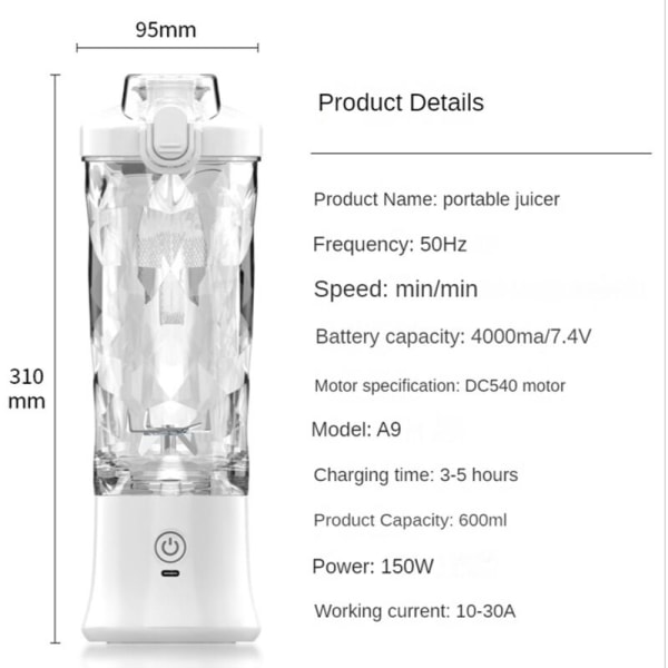 Bærbar Blender 600ML Elektrisk Juicer Frugtblendere 4000MAh USB Genopladelig Smoothie Mini Blender til Hjem og Rejser - Sort