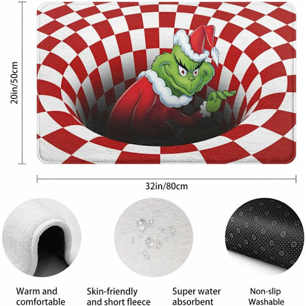 Jouluinen kylpymatto lapsille, 3D-punainen ruudullinen illuusiomatto, ovi- ja suihkumatto, liukumaton ja imukykyinen, kylpyhuoneen sisustus