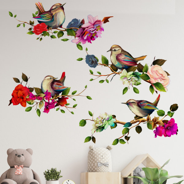 1 pakke vægklistermærker med fugle og blomstermønstre Fugl stående på gren, dekorativt vægklistermærke med blomster