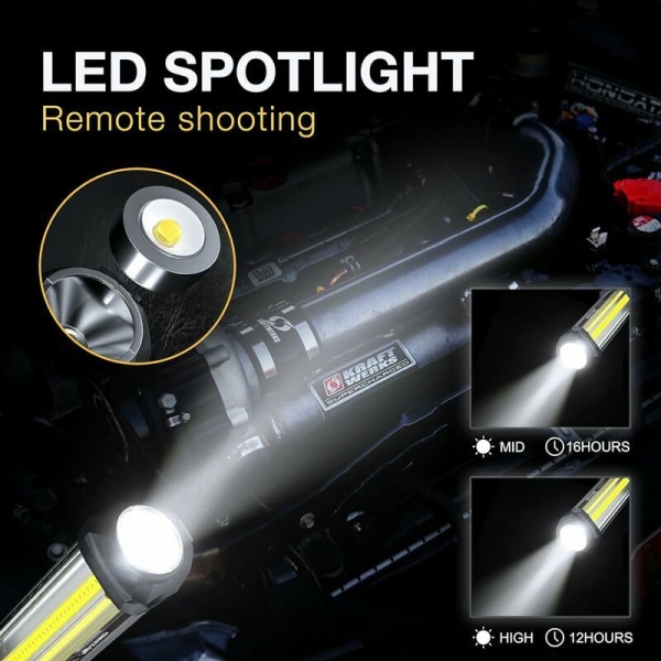 Oppladbar LED arbeidslampe, COB inspeksjonslampe, lommelykt med ultra kraftig magnet for bilgarasje verksted DIY