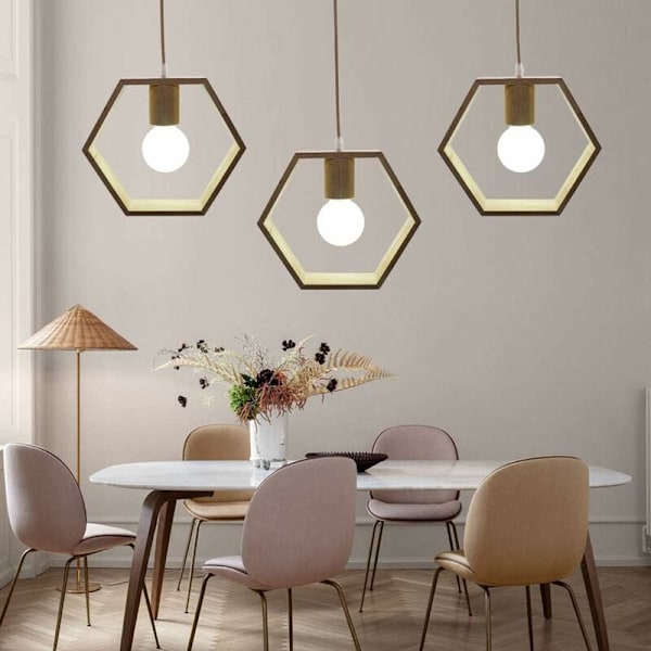 Nordisk Trä Hexagon Geometrisk Hängande Lampa Enstaka Huvud Hängande Matrum Bar Restaurang Trälampa med Vit Glödlampa--26cm [Energiklass A+++]