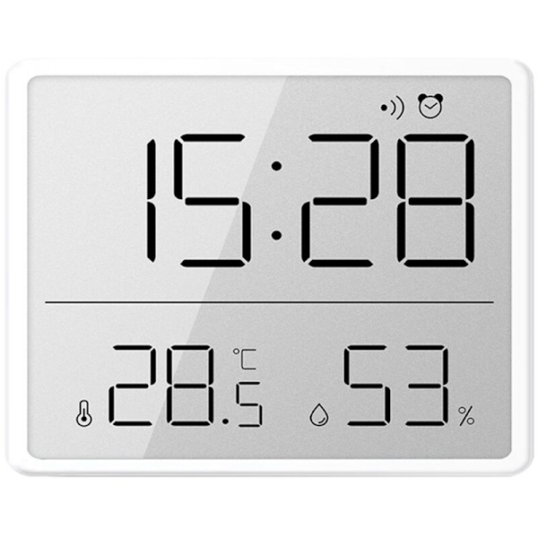 Digitalt hygrometer termometer med ur, fugtighedsmåler, timer, alarm til hjem, kontor, soveværelse, hvid