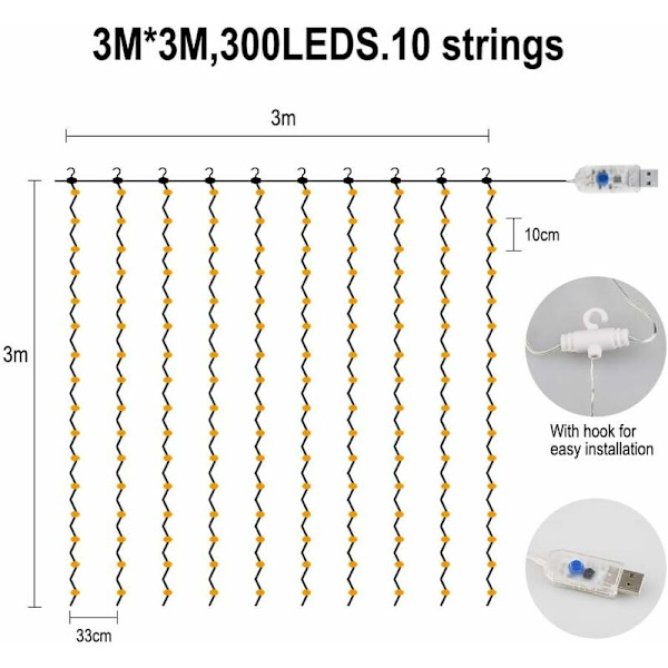 USB LED Lysgardin 3 mx 3 m, 300 LED Lysgardin med 8 Lystilstande til Festdekoration Soveværelse Indendørs Juledekoration