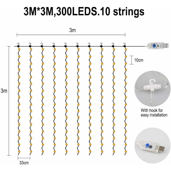 USB LED-valosarja 3 mx 3 m, 300 LED-valosarjan verhot 8 valotilan kanssa juhliin, makuuhuoneeseen, sisätiloihin, joulukoristeluun