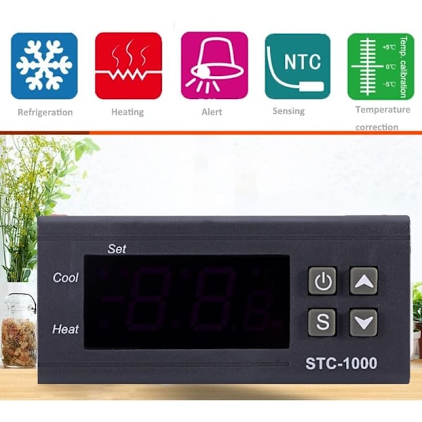 AC 110V-220V Temperaturregulator, STC-1000 Allround Digital Termostat med NTC Temperatursensor Sond, Celsius Temperaturregulator, He