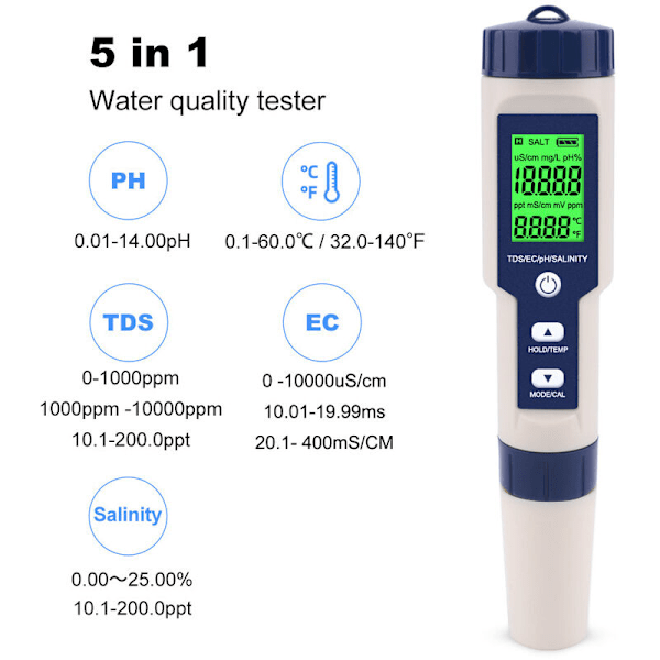5-i-1 Elektronisk PH-mätare, PH-mätare med bakgrundsbelyst LCD-display, Vattenkvalitetstestare för testning av pH/TDS/EC/Temperatur/Salinitet, för dricksvatten