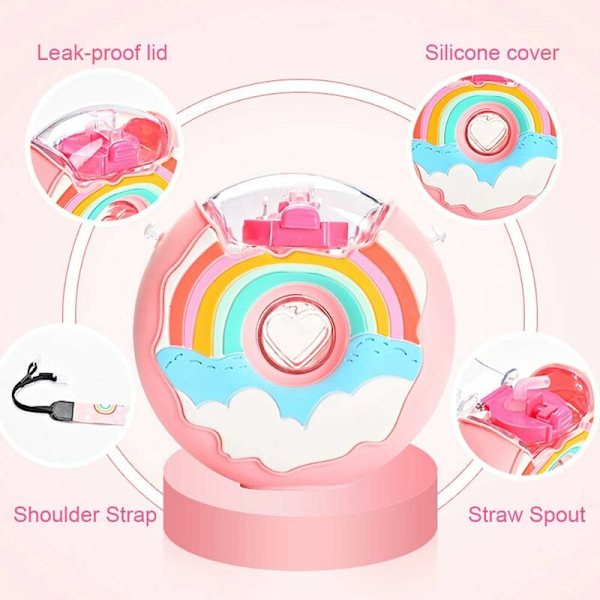 Donut Kids Vannflaske 13Oz med Skulderstropp og Straw-Tute - Bærbar Søt Kreativ Vannflaske for Barn og Småbarn - BPA-Fri Slitesterk Funksjonell