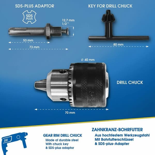 SDS-Plus Adapter Boremaskine Chuck 13 mm 1/2-20 UNF med og Nøgle