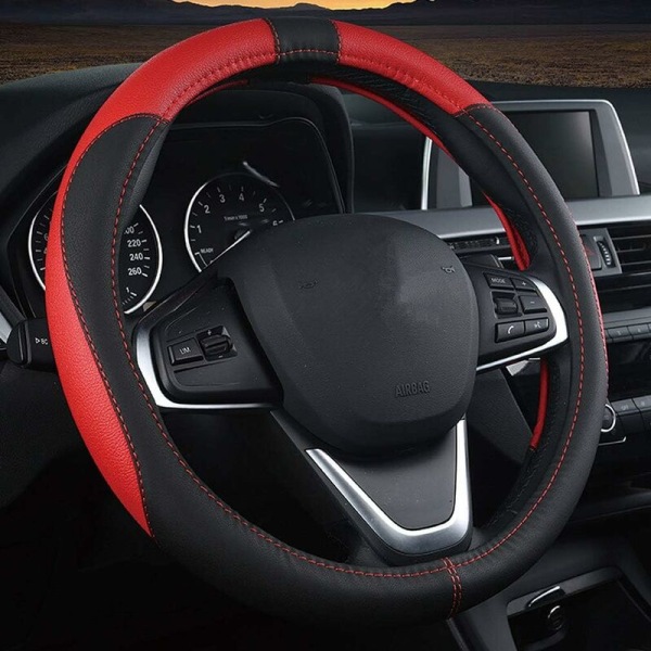 Car Steering Wheel Covers Steering Wheel Covers,Soft Leather Sports Steering Wheel Cover Curves Breathable Anti-Slip(Black-Red)-