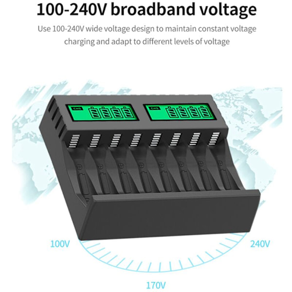 2X Batterilader LCD Display 8 Slots Smart Ladere til AA/AAA NiCd NiMh
