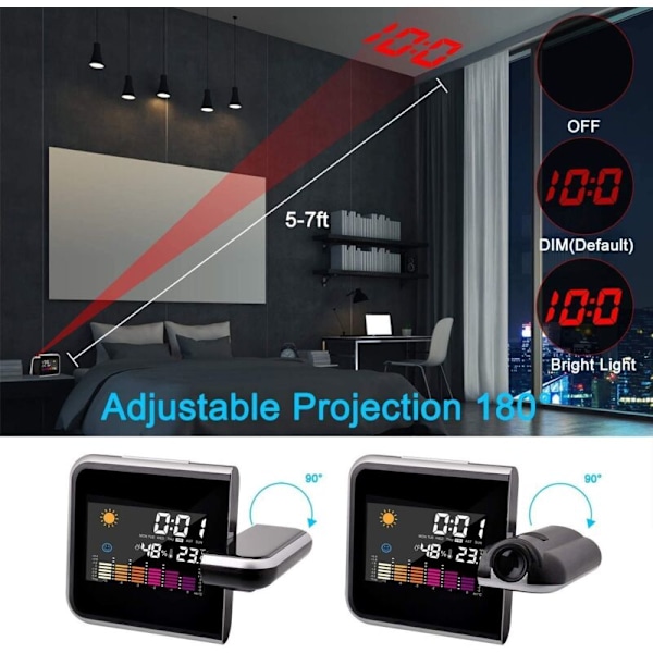 Projektions LED Digital Vækkeur med LCD Tid Temperatur Dato USB Opladning Soveværelse Kontor Køkken Sort MNS