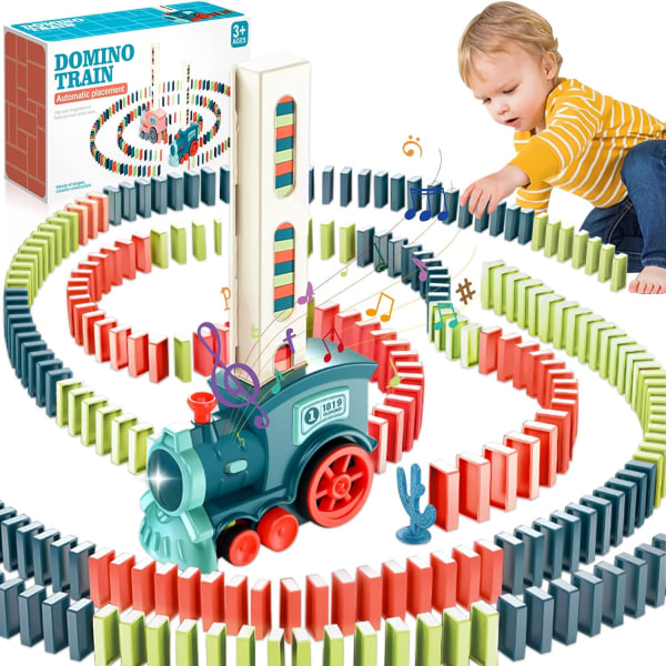 Domino toglegetøj, 60 dele Domino bloktogsæt elektrisk tog med lys og lyde, pædagogisk legetøj, velegnet til børn fra 3 år og opefter Blå