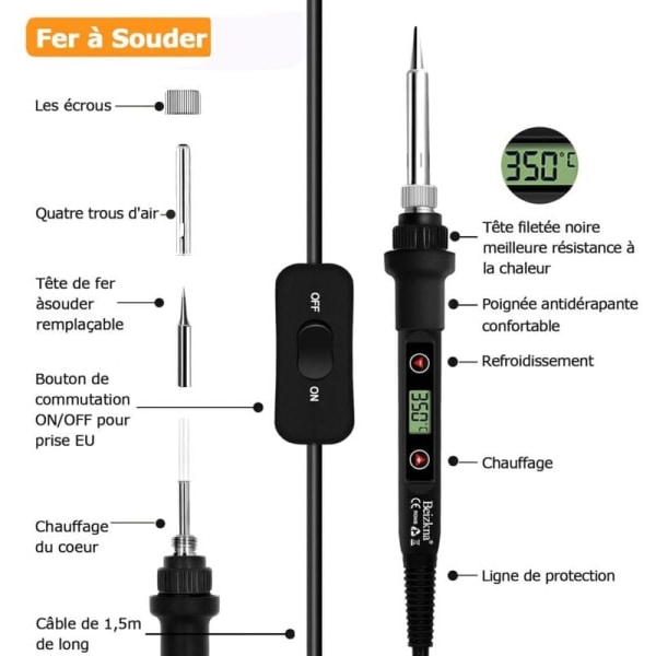 Lödkolv Kit 80W Justerbar Temperatur 180-480°C Precisionselektronik med PÅ/AV-brytare, 5 Lödspetsar, Lödpump, Lödtråd, S