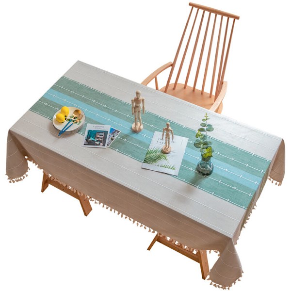 Solid Bomuld og Hør Rektangulært Dug Plaid Broderi Kvast Bomuld Hør Dug til Køkken Spisestue Bord Dekoration (140x140cm, Grøn)