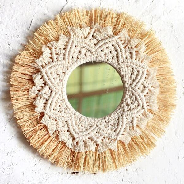 Nordisk halmvävda hotell Bed and Breakfast vägg Boho dekor spegel handvävd Macrame väggdekor dekorativ spegel