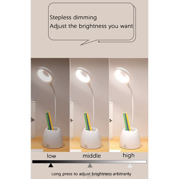 Oppladbar LED Stepless Dimming Skrivebordslampe Øyebeskyttelse Læring Multifunksjon Brakett Penneholder Lampe Blå