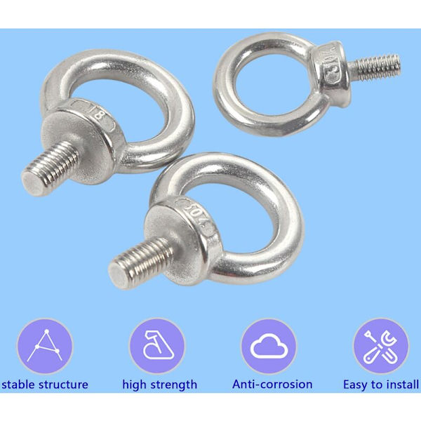 Løfteøye Bolt i rustfritt stål, hann-gjenge, løfteøye-bolter for DIY-konstruksjon, bygningsmaskinvare, dekk, marine, vektbolter M611-10PCS